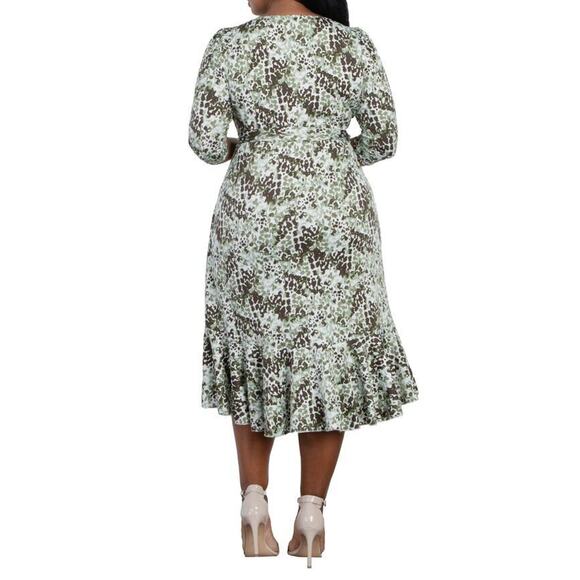 Kiyonna Dress Flirty Flounce Size 10/12 True Wrap Green Medley Print Ruffle Hem - Picture 4 of 10